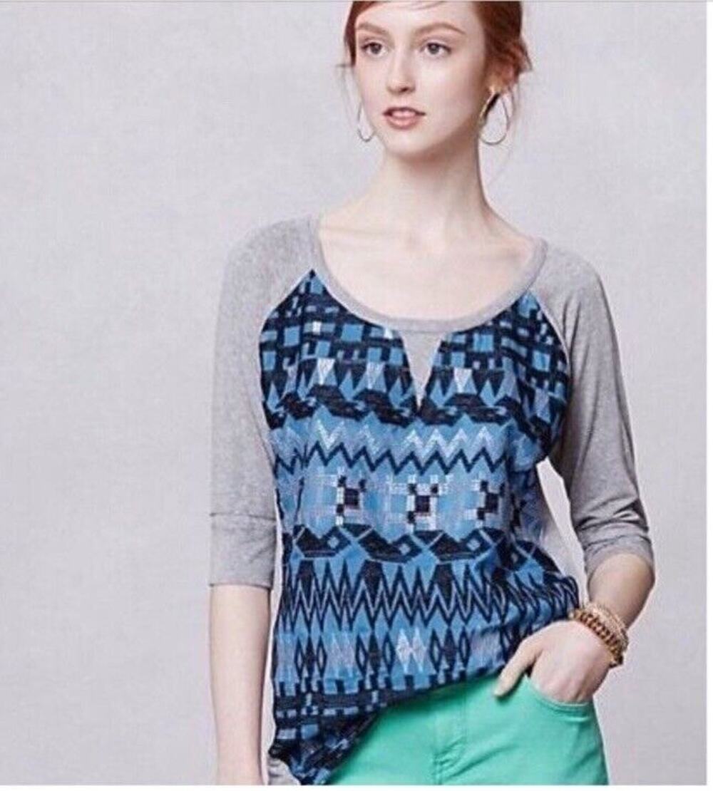 Dolan Anthropologie S Lamai Embroidered Front T-shirt Top Blue Gray Short Sleeve
